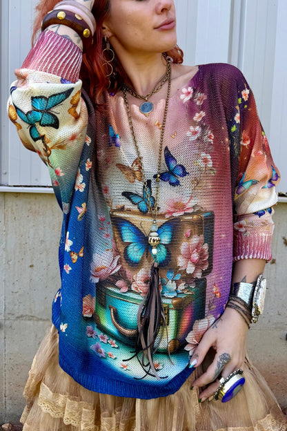 Pink Butterfly Knit Printed Sweater - ivyandlavyboutique LOOWIE