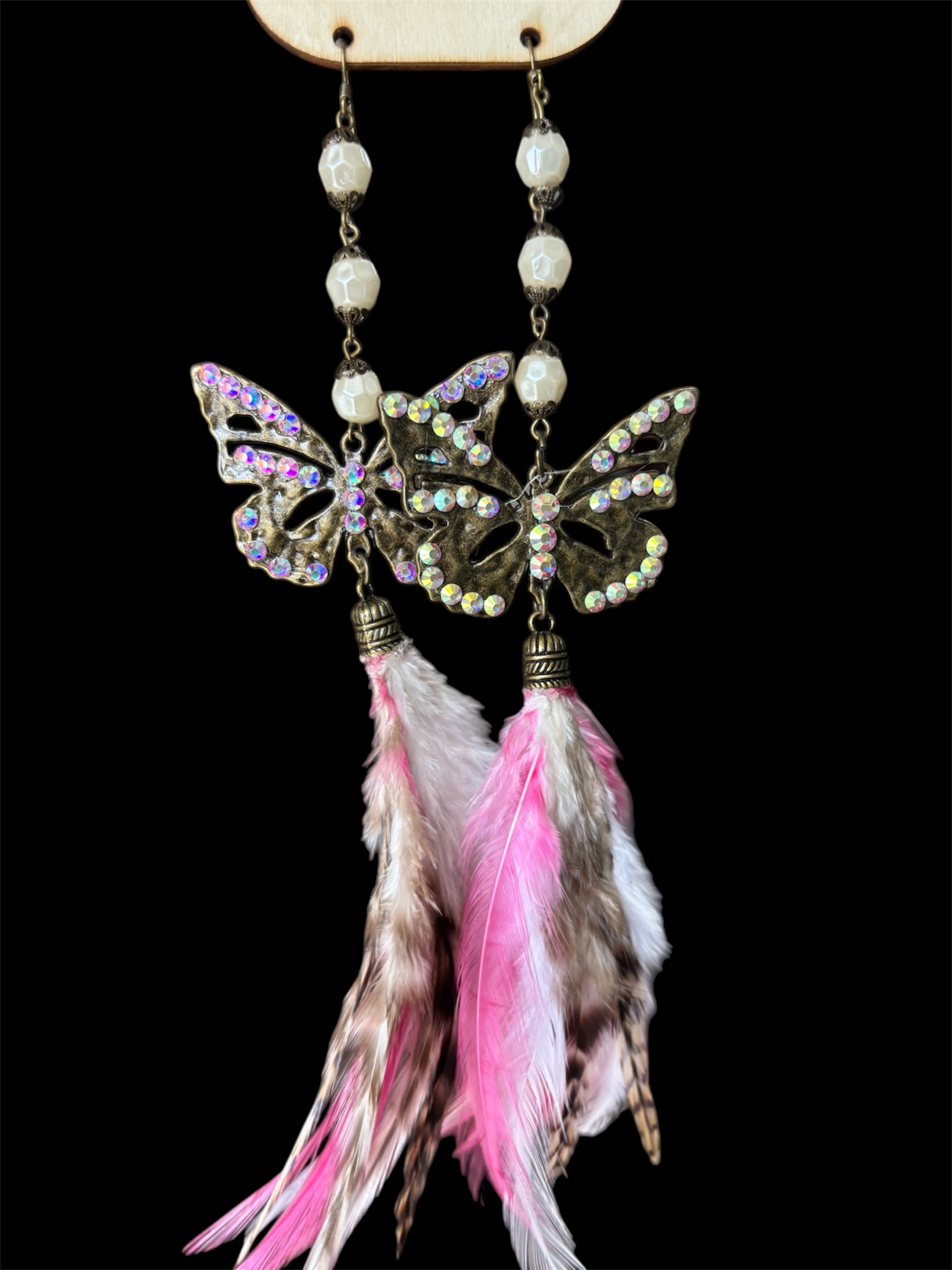 Pink Crystal Butterfly Feather Earrings - ivyandlavyboutique A Rare Bird Shop