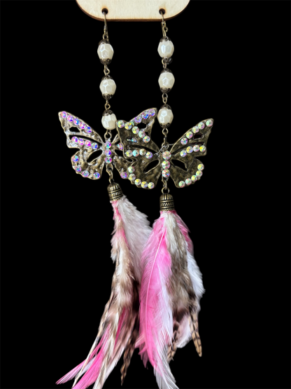 Pink Crystal Butterfly Feather Earrings - ivyandlavyboutique A Rare Bird Shop