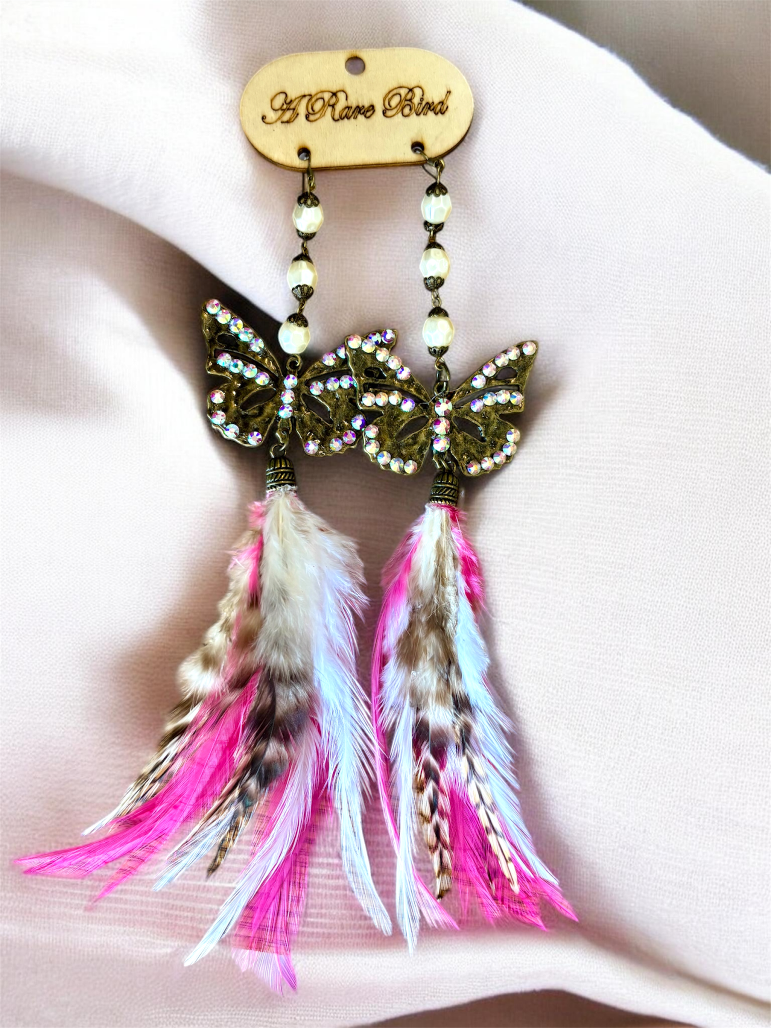 Pink Crystal Butterfly Feather Earrings - ivyandlavyboutique A Rare Bird Shop