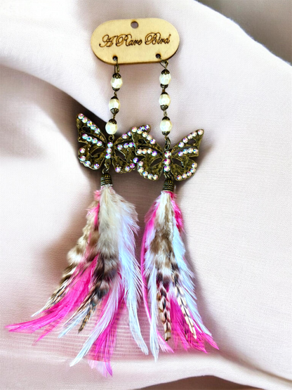 Pink Crystal Butterfly Feather Earrings - ivyandlavyboutique A Rare Bird Shop