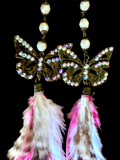 Pink Crystal Butterfly Feather Earrings - ivyandlavyboutique A Rare Bird Shop