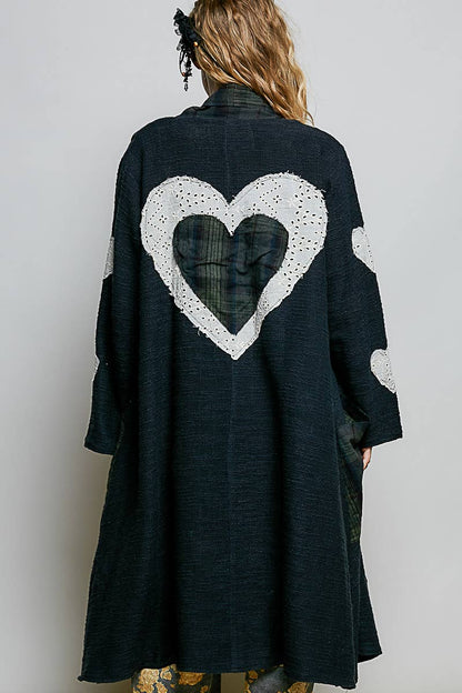 Plaid Textured Lace Heart Patch Woven Open Front Coat in Black - ivyandlavyboutique Pol Clothing