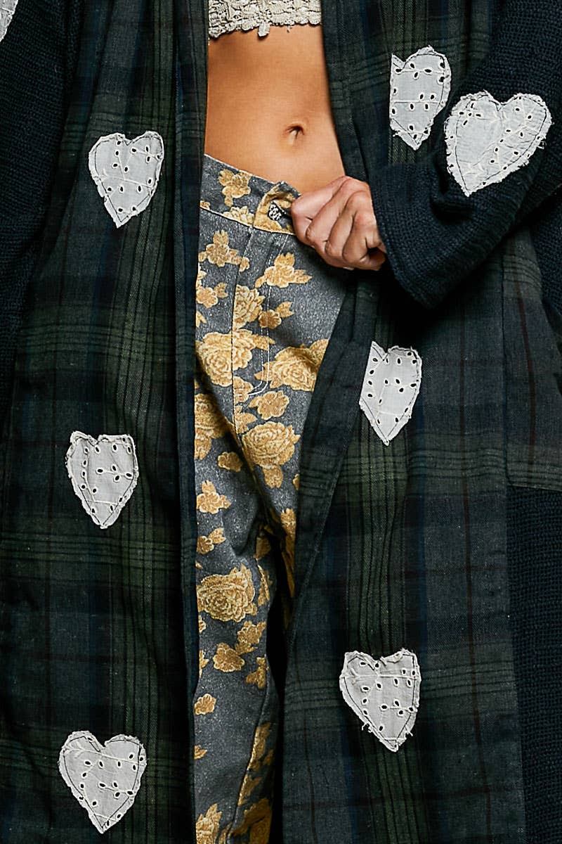 Plaid Textured Lace Heart Patch Woven Open Front Coat in Black - ivyandlavyboutique Pol Clothing