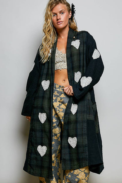 Plaid Textured Lace Heart Patch Woven Open Front Coat in Black - ivyandlavyboutique Pol Clothing