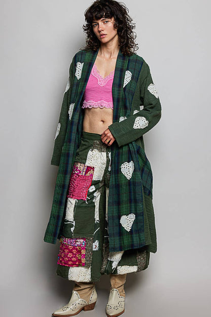 Plaid Textured Lace Heart Patch Woven Open Front Coat - ivyandlavyboutique Pol Clothing