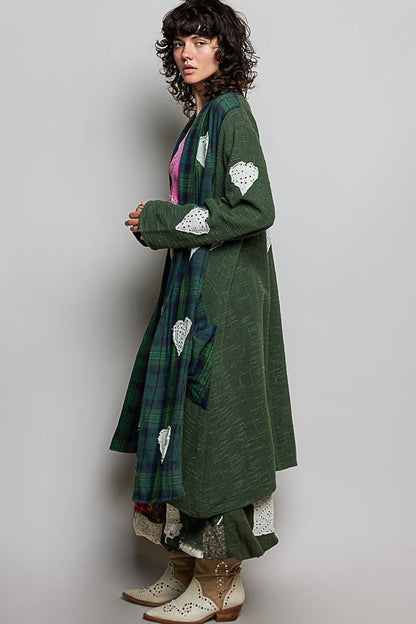 Plaid Textured Lace Heart Patch Woven Open Front Coat - ivyandlavyboutique Pol Clothing