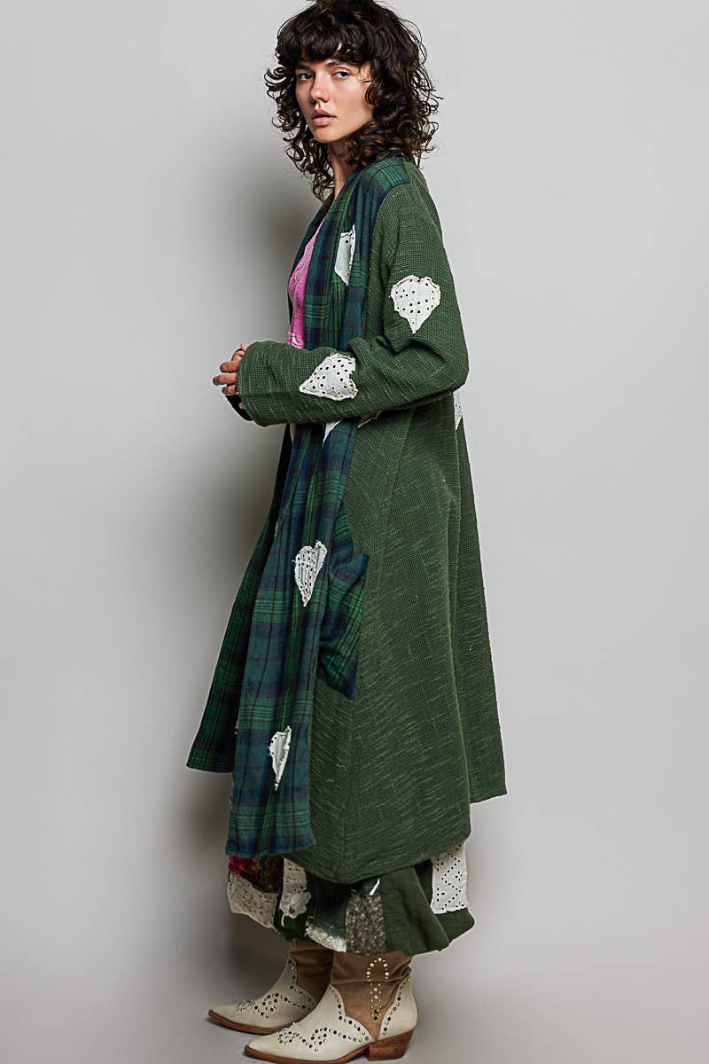 Plaid Textured Lace Heart Patch Woven Open Front Coat - ivyandlavyboutique Pol Clothing