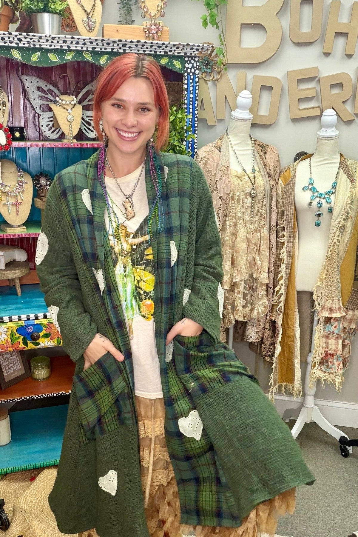 Plaid Textured Lace Heart Patch Woven Open Front Coat - ivyandlavyboutique Pol Clothing