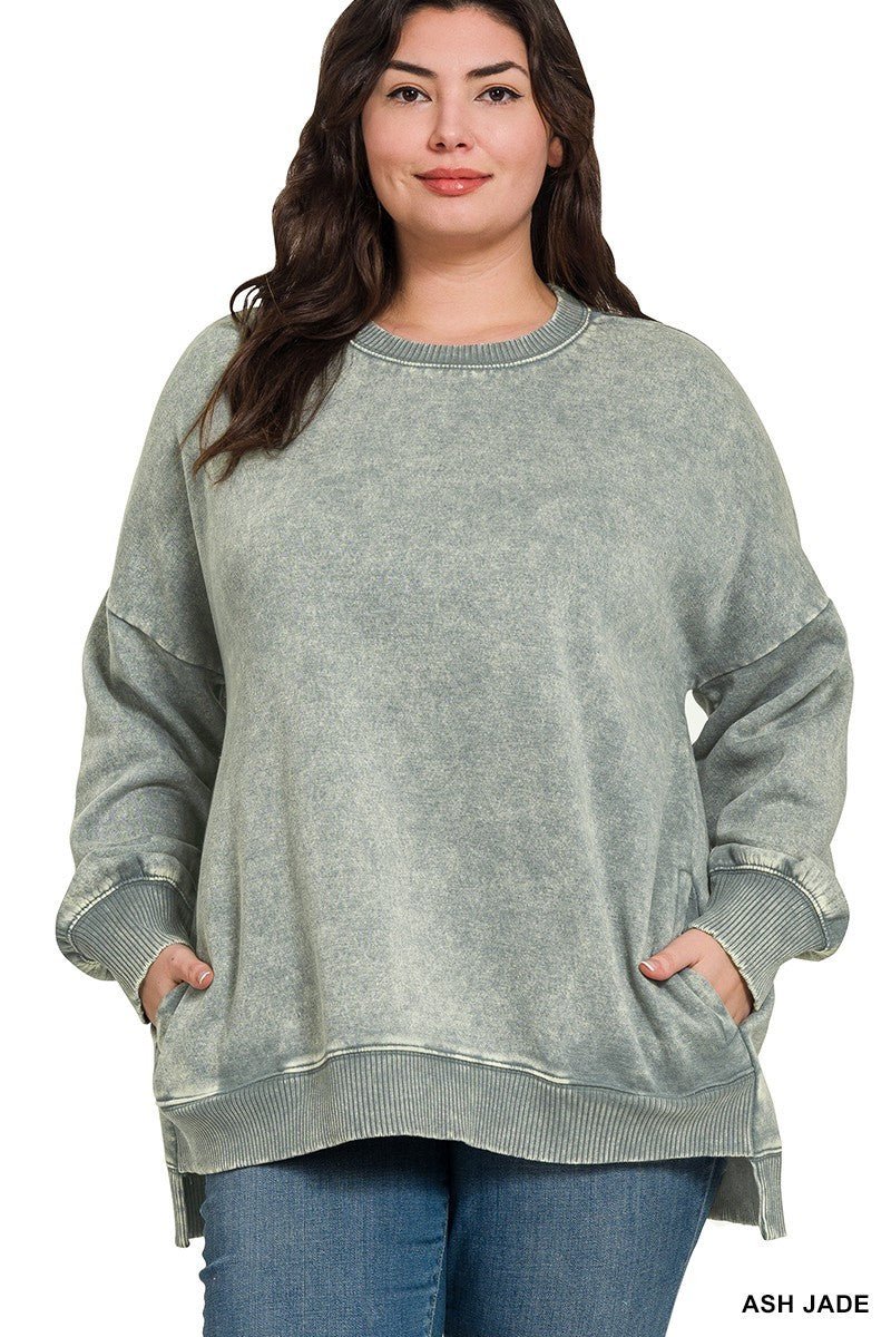 Plus Acid Wash Fleece Hi-low Hem Pullover - ivyandlavyboutique Zenana