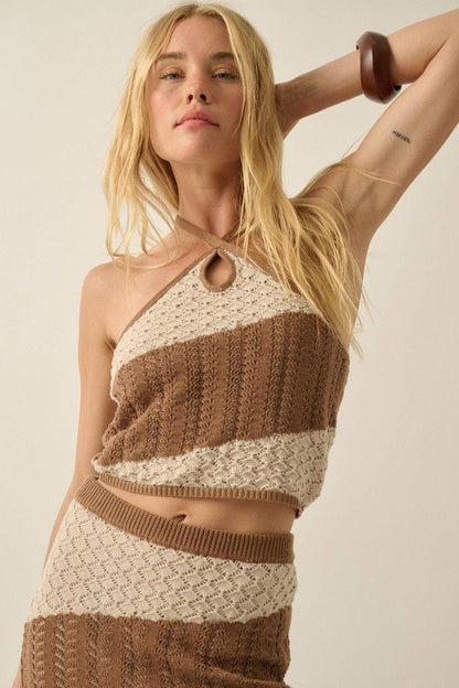 Pointelle Crochet-Knit Colorblock Cropped Keyhole Halter Top - ivyandlavyboutique Promesa USA