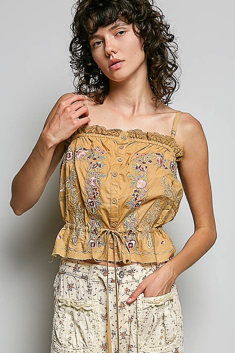 Poppy Sleeveless Embroidered Trim Solid Poplin Top - ivyandlavyboutique Pol Clothing