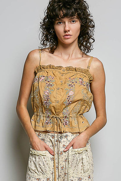 Poppy Sleeveless Embroidered Trim Solid Poplin Top - ivyandlavyboutique Pol Clothing