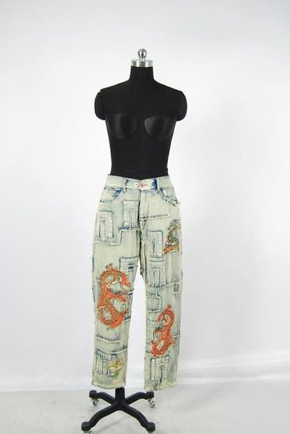 PREORDER - Breathing Fire Patchwork Dragon Denim Pants - ivyandlavyboutique Blue Velvet