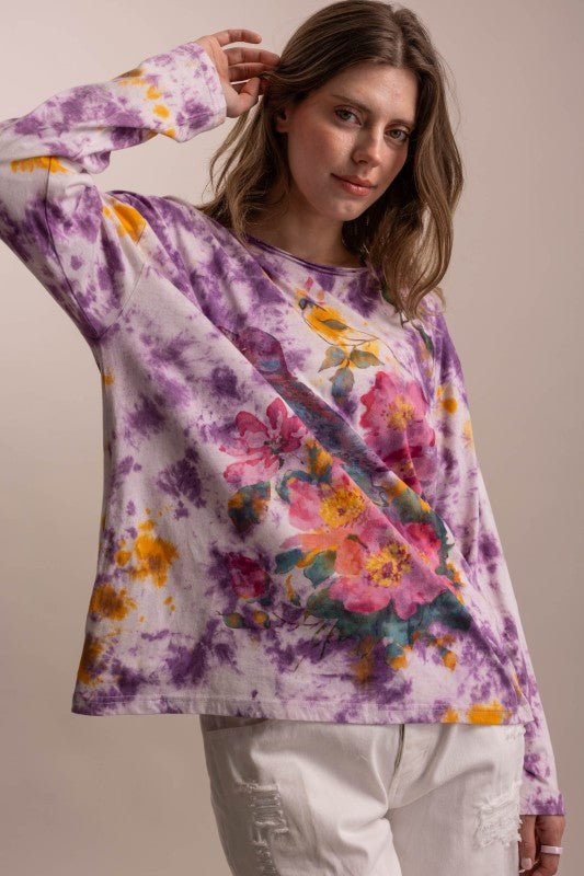 Preorder - Flower Robin Print Tie Dye Tee - ivyandlavyboutique Blue Velvet