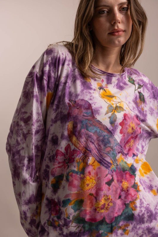 Preorder - Flower Robin Print Tie Dye Tee - ivyandlavyboutique Blue Velvet