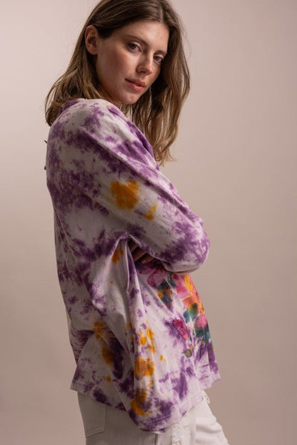 Preorder - Flower Robin Print Tie Dye Tee - ivyandlavyboutique Blue Velvet