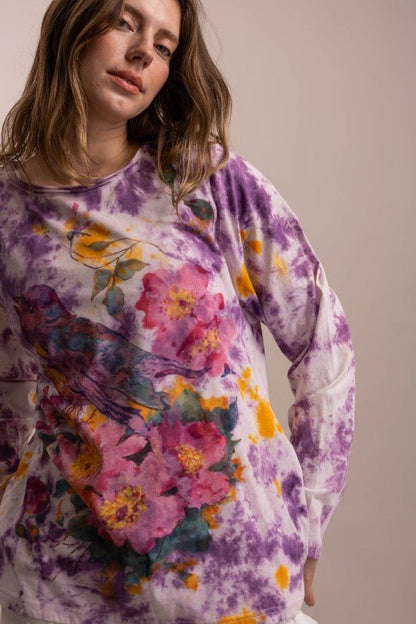 Preorder - Flower Robin Print Tie Dye Tee - ivyandlavyboutique Blue Velvet
