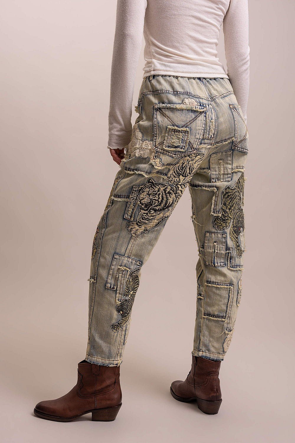 PREORDER - Here Kitty Kitty Patchwork Tiger Denim Pants - ivyandlavyboutique Blue Velvet
