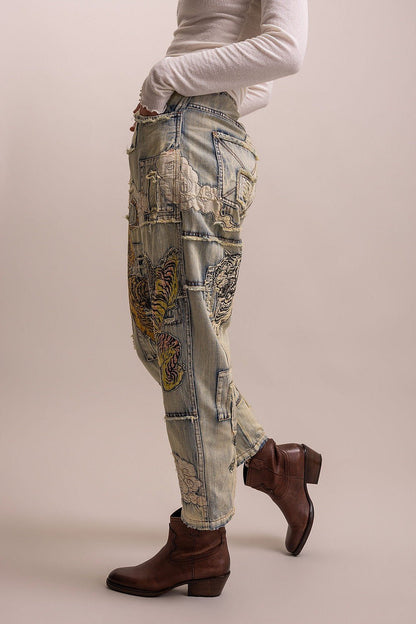 PREORDER - Here Kitty Kitty Patchwork Tiger Denim Pants - ivyandlavyboutique Blue Velvet