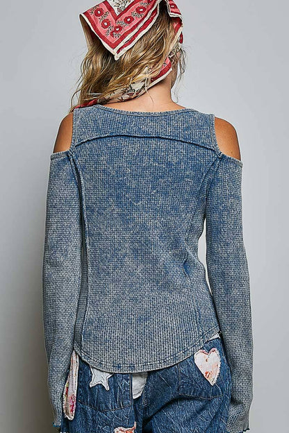 Preorder - October Shipping - Vintage Washing Solid Buckle Open Shoulder Knit Thermal Top - ivyandlavyboutique Pol Clothing