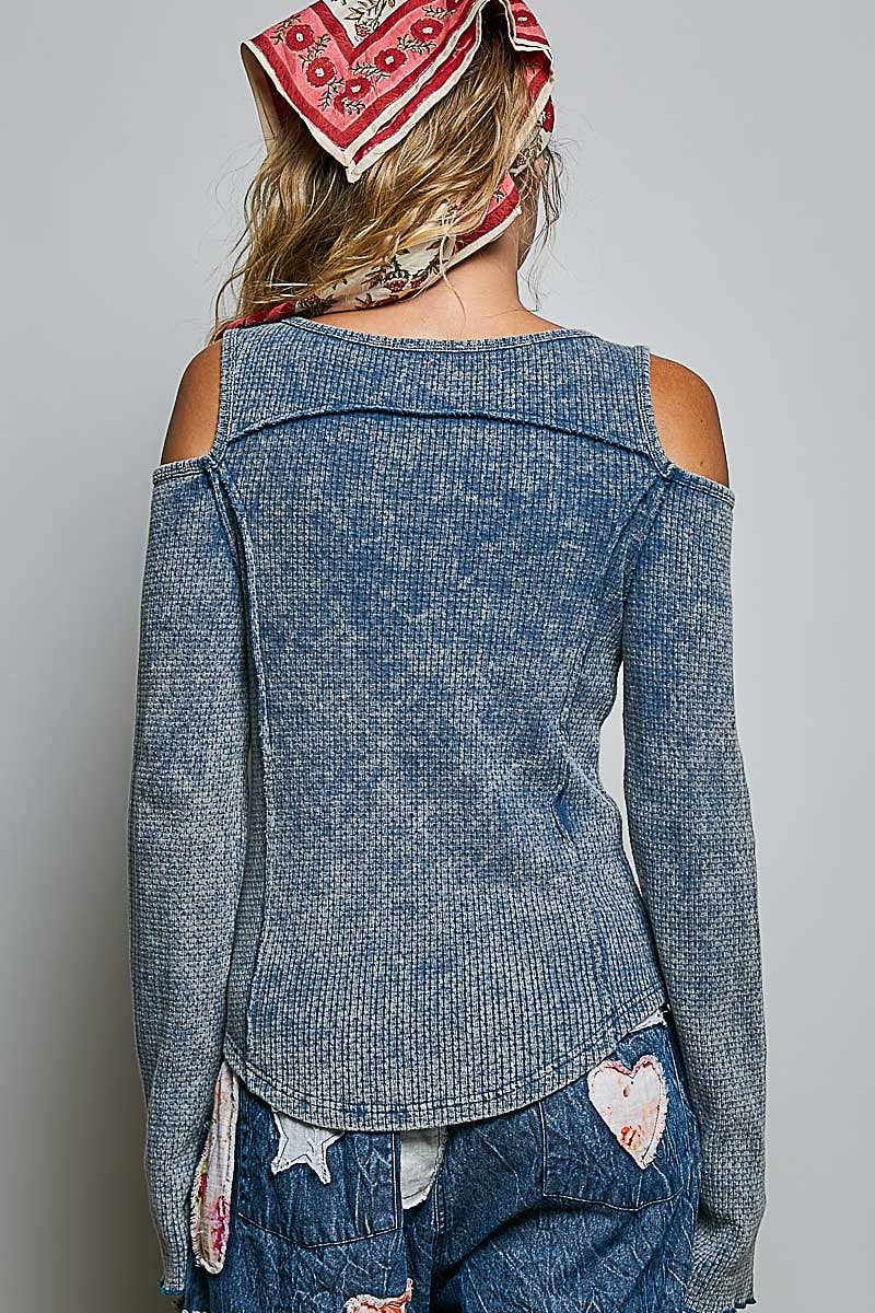 Preorder - October Shipping - Vintage Washing Solid Buckle Open Shoulder Knit Thermal Top - ivyandlavyboutique Pol Clothing