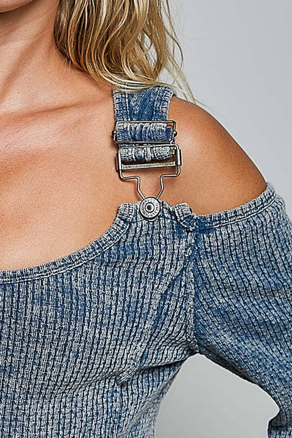 Preorder - October Shipping - Vintage Washing Solid Buckle Open Shoulder Knit Thermal Top - ivyandlavyboutique Pol Clothing