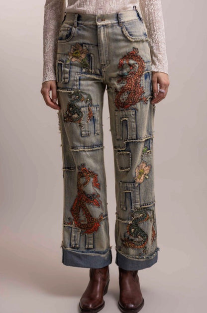 Preorder Shipping 12/15 - Dragon Patchwork Straight Leg Pant - ivyandlavyboutique Blue Velvet