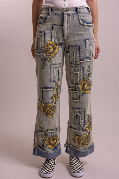 Preorder Shipping 12/15 - Floral Patchwork Straight Leg Pant - ivyandlavyboutique Blue Velvet