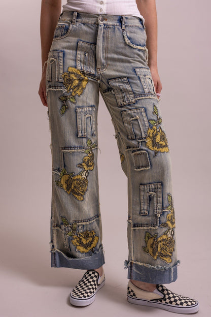 Preorder Shipping 12/15 - Floral Patchwork Straight Leg Pant - ivyandlavyboutique Blue Velvet