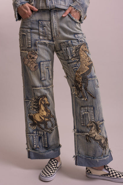 Preorder Shipping 12/15 - Horse Patchwork Straight Leg Pant - ivyandlavyboutique Blue Velvet