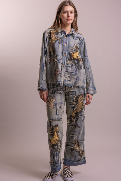 Preorder Shipping 12/15 - Horse Patchwork Straight Leg Pant - ivyandlavyboutique Blue Velvet