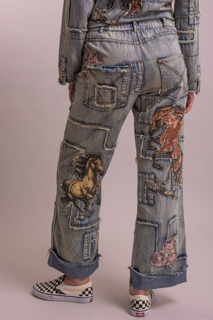 Preorder Shipping 12/15 - Horse Patchwork Straight Leg Pant - ivyandlavyboutique Blue Velvet