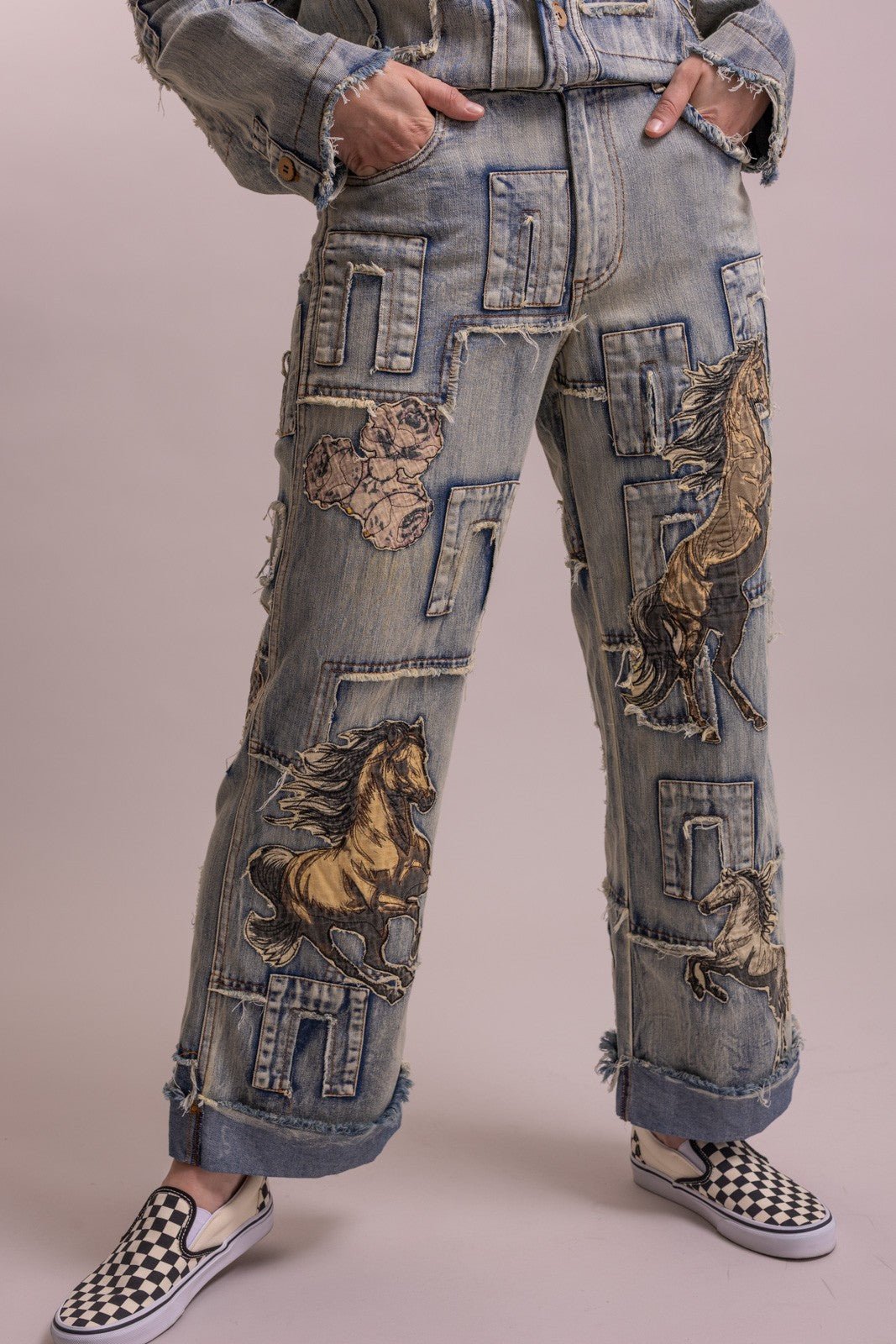 Preorder Shipping 12/15 - Horse Patchwork Straight Leg Pant - ivyandlavyboutique Blue Velvet