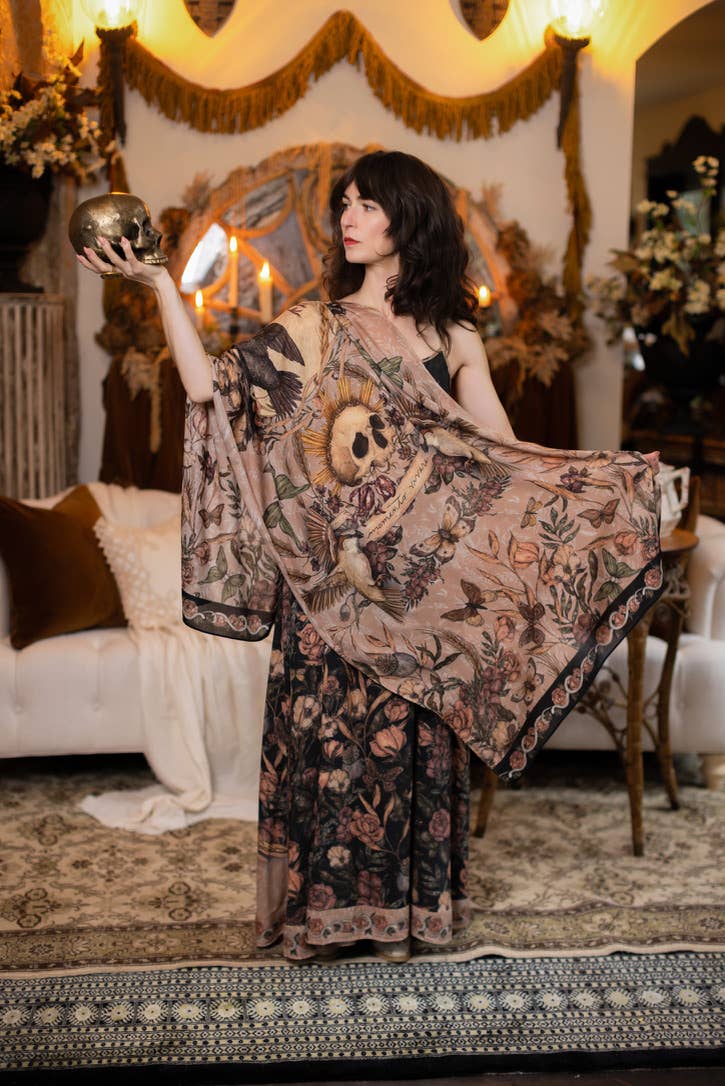 Preorder Ships In November Momento Bohemian Scarf w/ Floral print, Starling & Skull - Boho Wanderlust Boutique Market of Stars (USA)