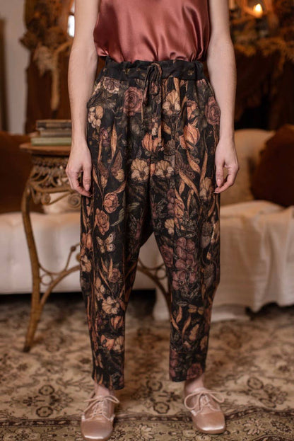 Preorder Ships In November Momento Linen Crop Artist Pant w/ Floral Print & Skull - Boho Wanderlust Boutique Market of Stars (USA)