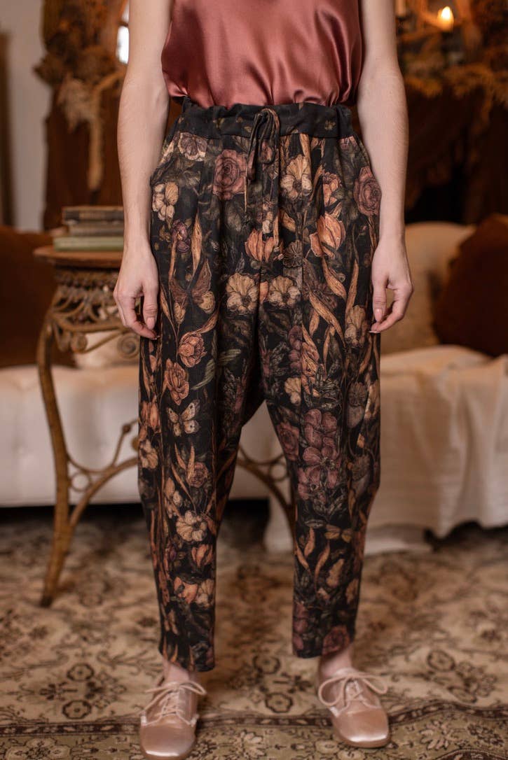 Preorder Ships In November Momento Linen Crop Artist Pant w/ Floral Print & Skull - Boho Wanderlust Boutique Market of Stars (USA)