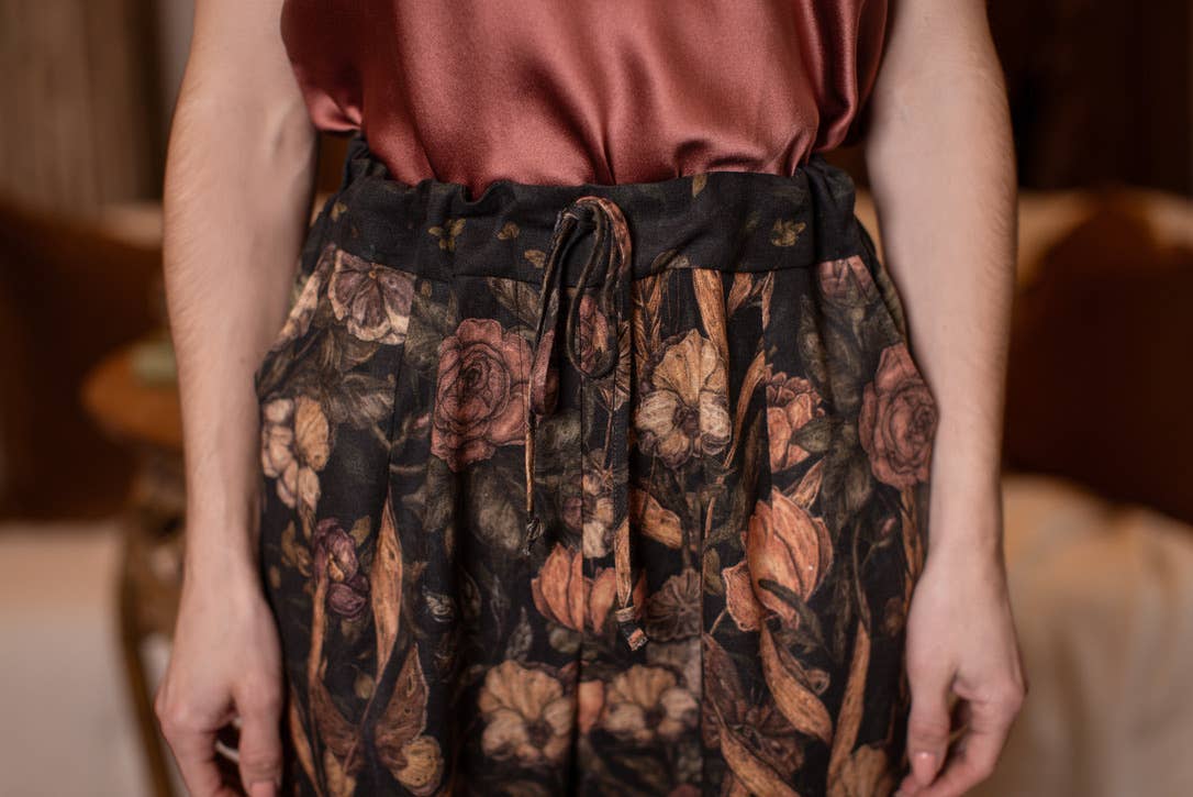 Preorder Ships In November Momento Linen Crop Artist Pant w/ Floral Print & Skull - Boho Wanderlust Boutique Market of Stars (USA)