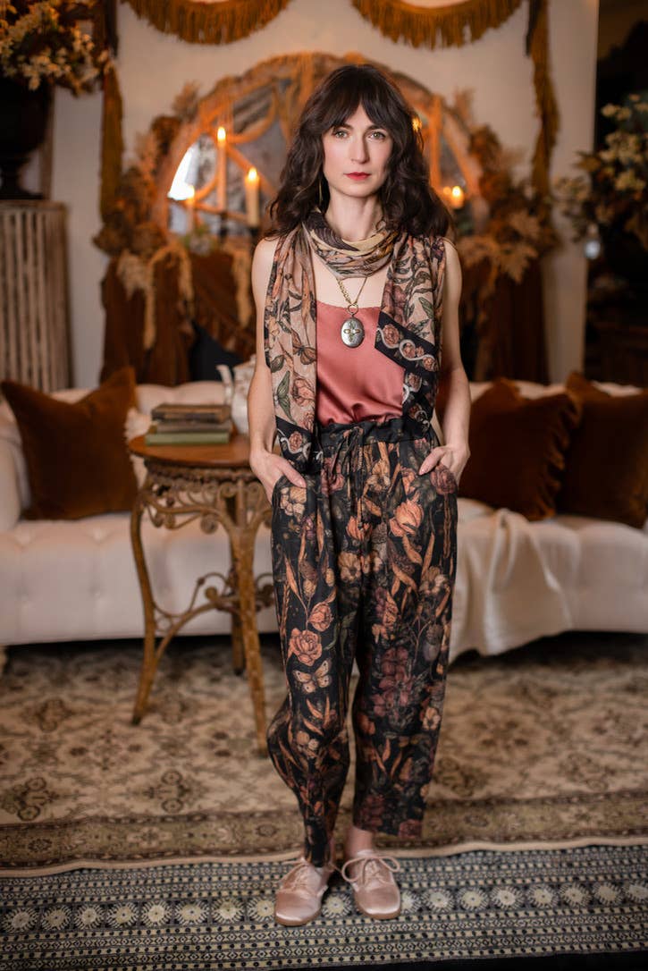 Preorder Ships In November Momento Linen Crop Artist Pant w/ Floral Print & Skull - Boho Wanderlust Boutique Market of Stars (USA)