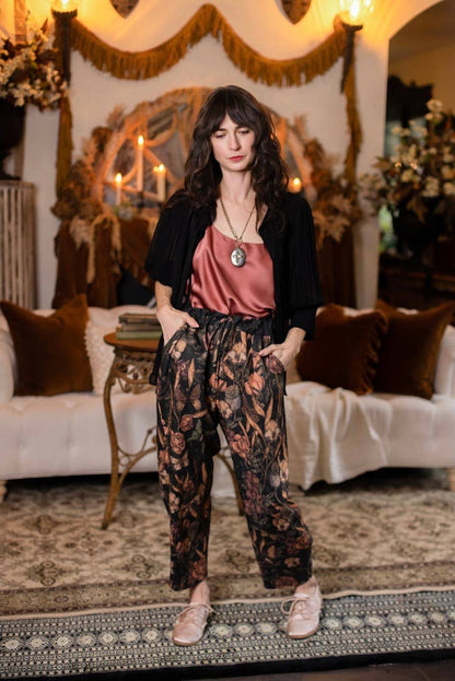 Preorder Ships In November Momento Linen Crop Artist Pant w/ Floral Print & Skull - Boho Wanderlust Boutique Market of Stars (USA)