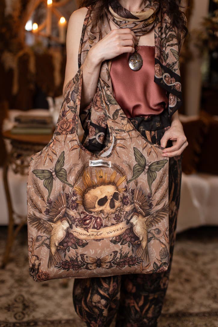 Preorder Ships In November Momento Linen Tote Bag w/ Starling, Skull & Floral Print - Boho Wanderlust Boutique Market of Stars (USA)
