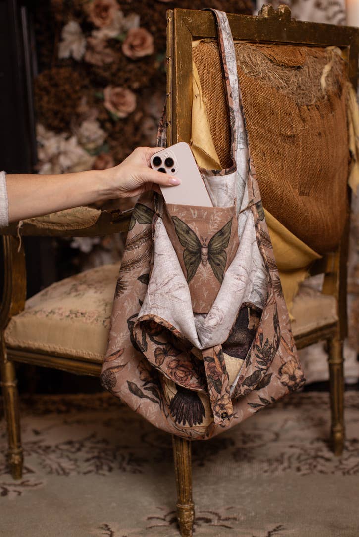 Preorder Ships In November Momento Linen Tote Bag w/ Starling, Skull & Floral Print - Boho Wanderlust Boutique Market of Stars (USA)