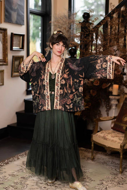 Preorder Ships In November Momento Pixie Duster Crop Kimono w/ Floral, Starling & Skull - Boho Wanderlust Boutique Market of Stars (USA)