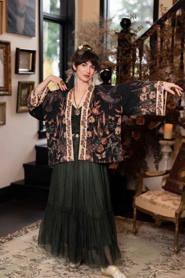 Preorder Ships In November Momento Pixie Duster Crop Kimono w/ Floral, Starling & Skull - Boho Wanderlust Boutique Market of Stars (USA)