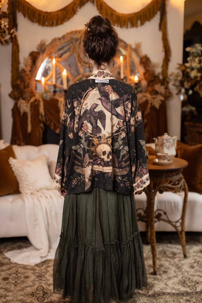 Preorder Ships In November Momento Pixie Duster Crop Kimono w/ Floral, Starling & Skull - Boho Wanderlust Boutique Market of Stars (USA)