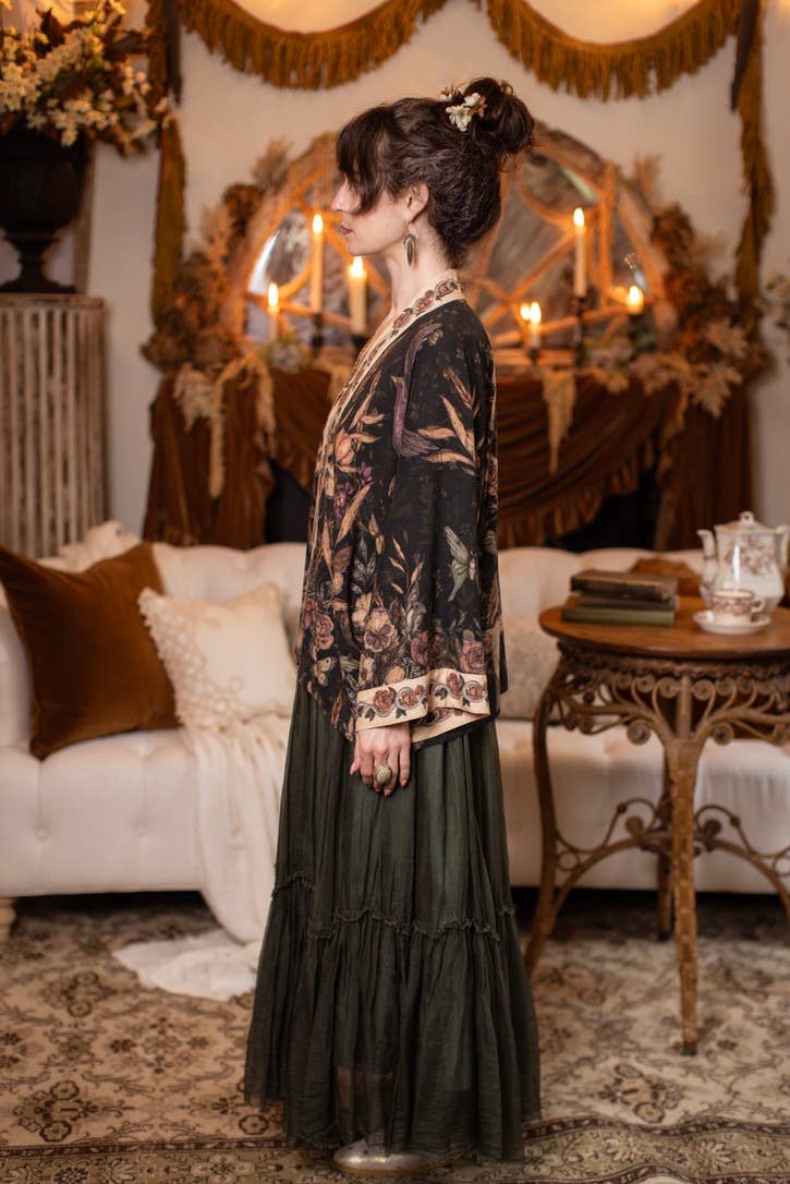 Preorder Ships In November Momento Pixie Duster Crop Kimono w/ Floral, Starling & Skull - Boho Wanderlust Boutique Market of Stars (USA)