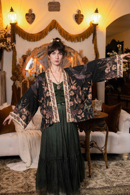 Preorder Ships In November Momento Pixie Duster Crop Kimono w/ Floral, Starling & Skull - Boho Wanderlust Boutique Market of Stars (USA)