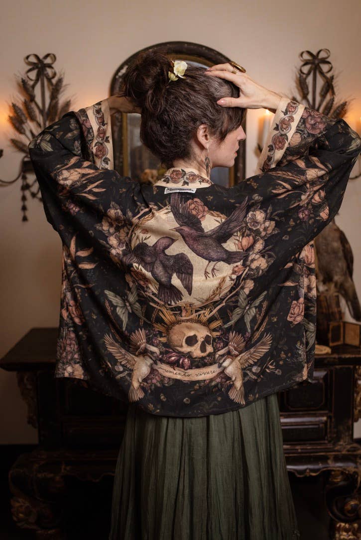 Preorder Ships In November Momento Pixie Duster Crop Kimono w/ Floral, Starling & Skull - Boho Wanderlust Boutique Market of Stars (USA)