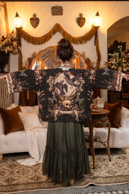 Preorder Ships In November Momento Pixie Duster Crop Kimono w/ Floral, Starling & Skull - Boho Wanderlust Boutique Market of Stars (USA)