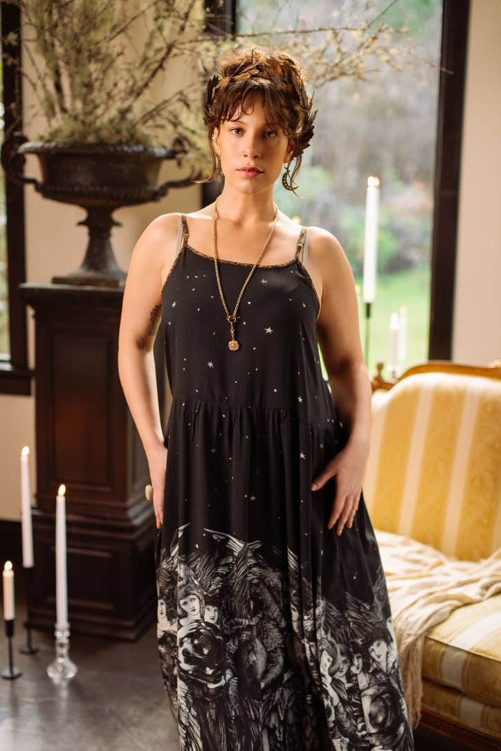 Preorder Ships In November The Guardians Bohéme Slip Maxi Dress w/ angels, moon & stars - Boho Wanderlust Boutique Market of Stars (USA)